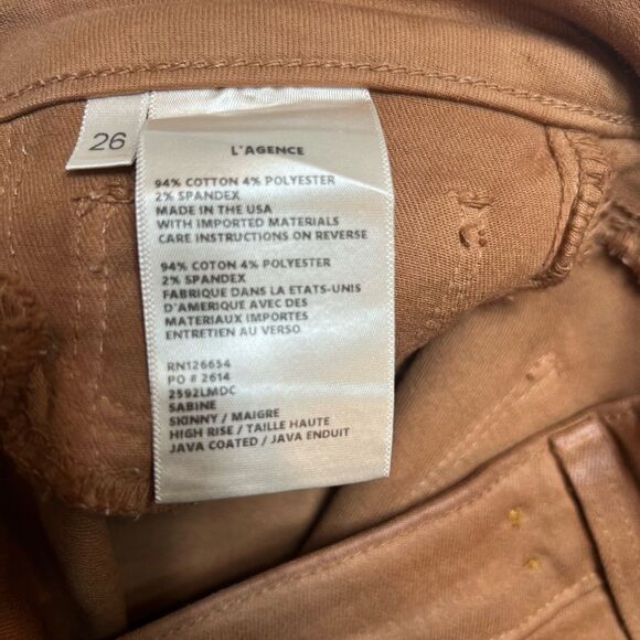 L'AGENCE Sabine HighRise Ankle Coated Skinny Jeans in Brown Gold ankle zip Sz 26 - Picture 8 of 10